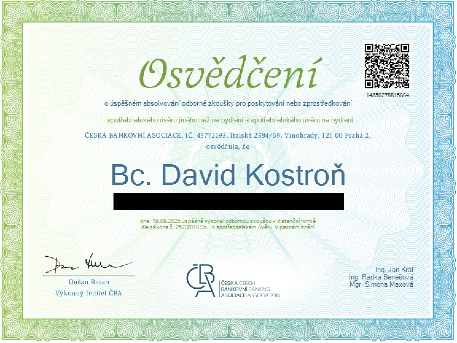 Osvědčení Davida Kostroně – spotřebitelský úvěr