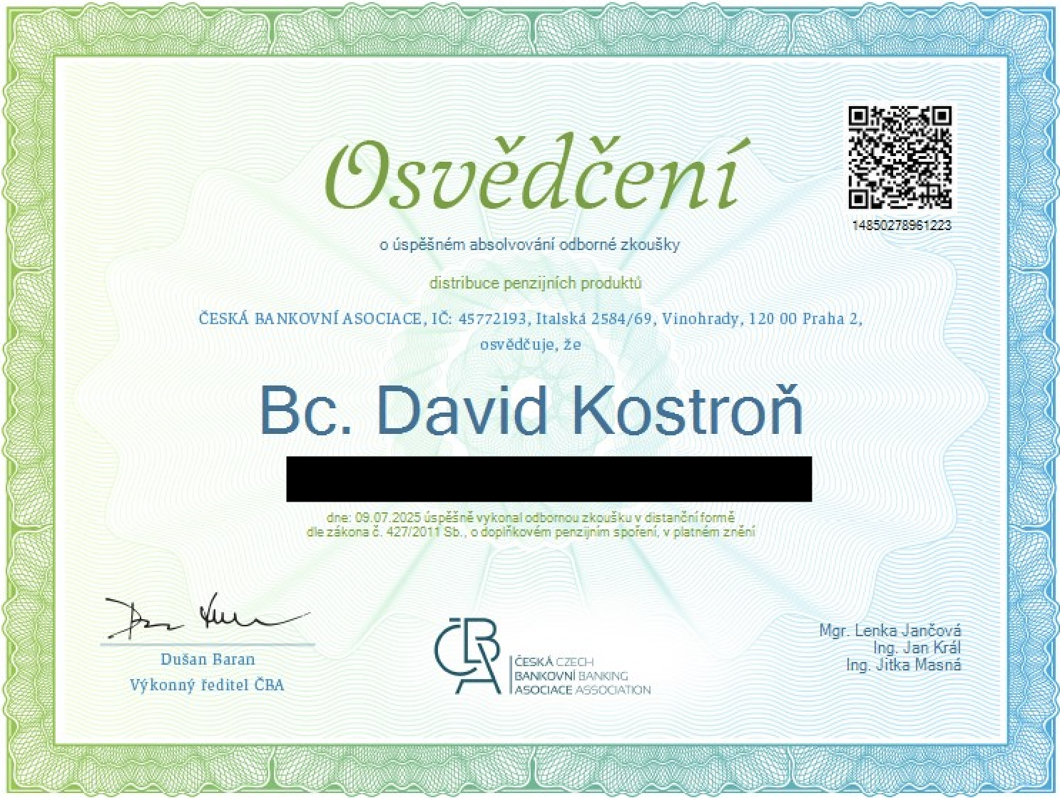 Osvědčení Davida Kostroně – penzijní produkty