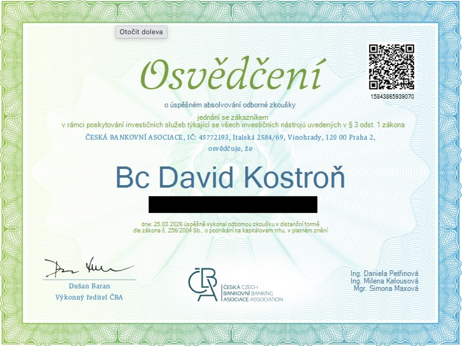 Osvědčení Davida Kostroně – investiční služby